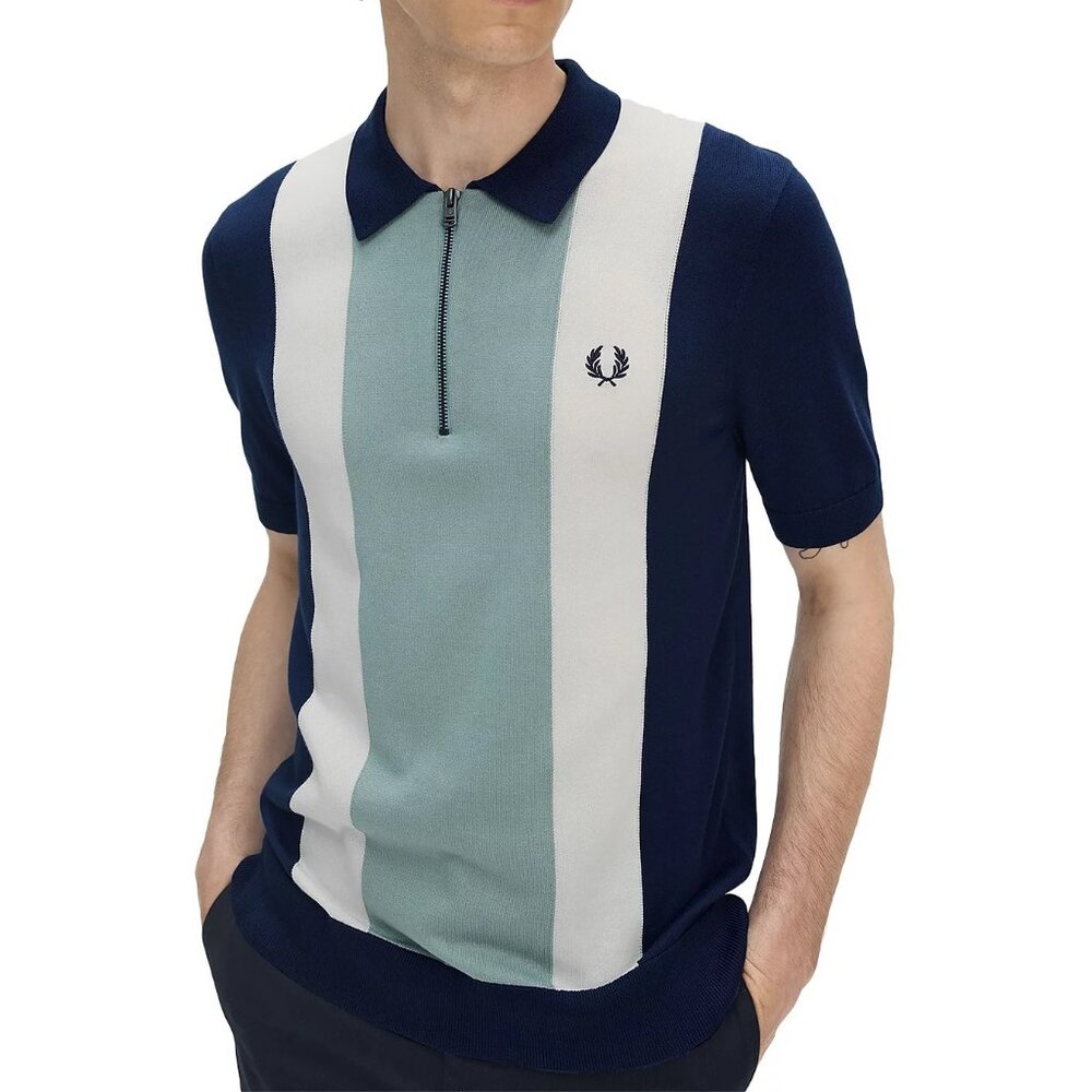 Fred Perry Men's Short Sleeve Vertical Stripe 1/4 Zip Polo Shirt Tennis Blue